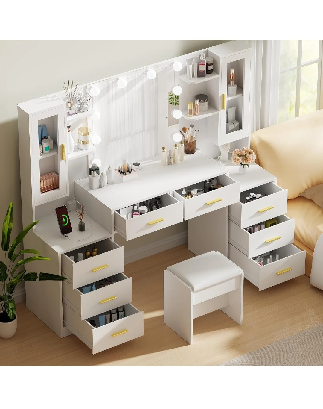 White Vanity Table with Lighted Mirror and Stool