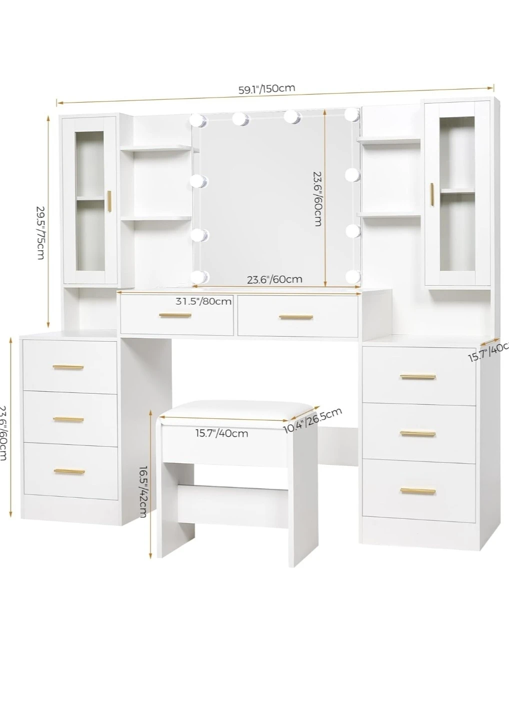 White Vanity Table with Lighted Mirror and Stool - photo 2