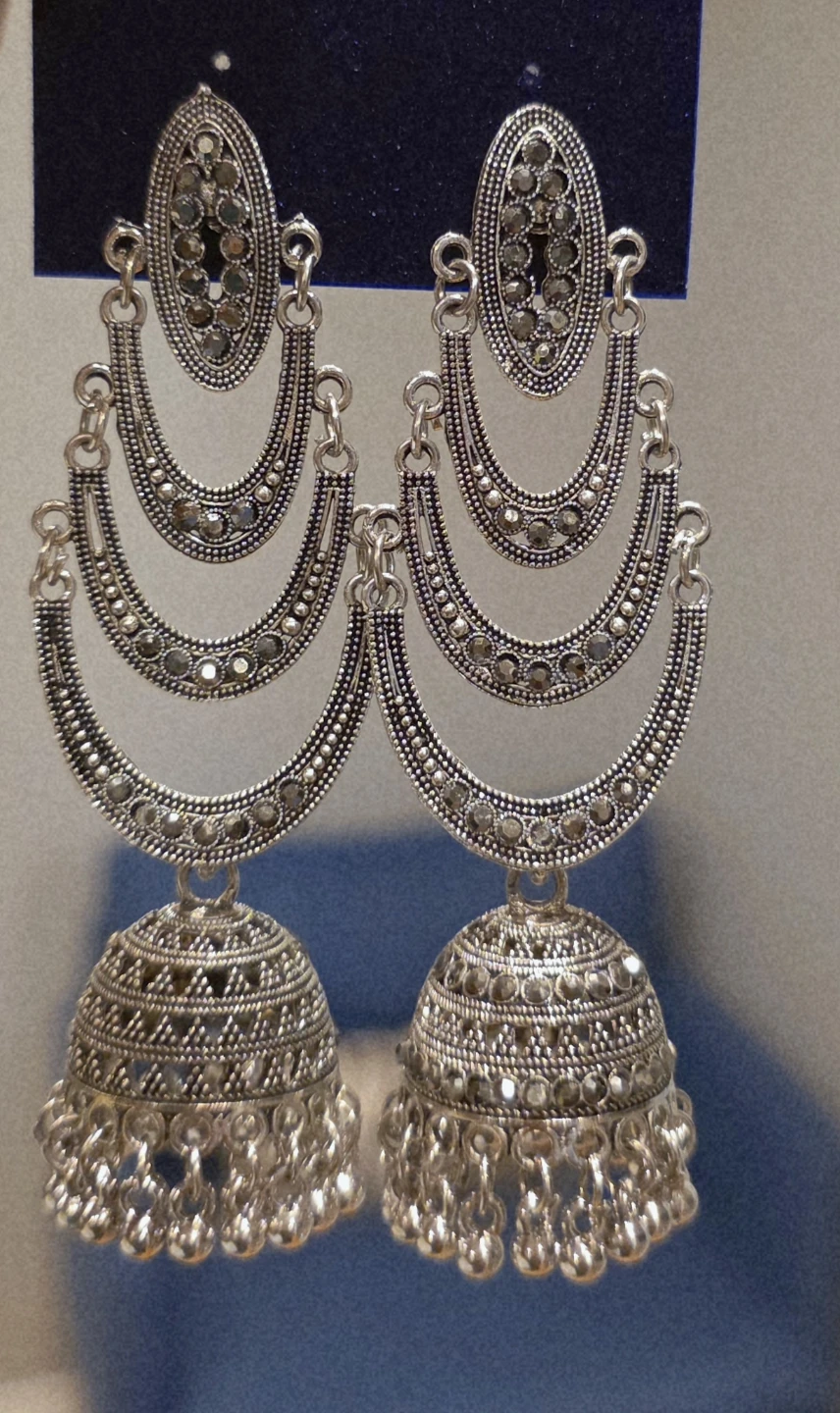 Silver Tone Jhumka Earrings with Dangling Beads