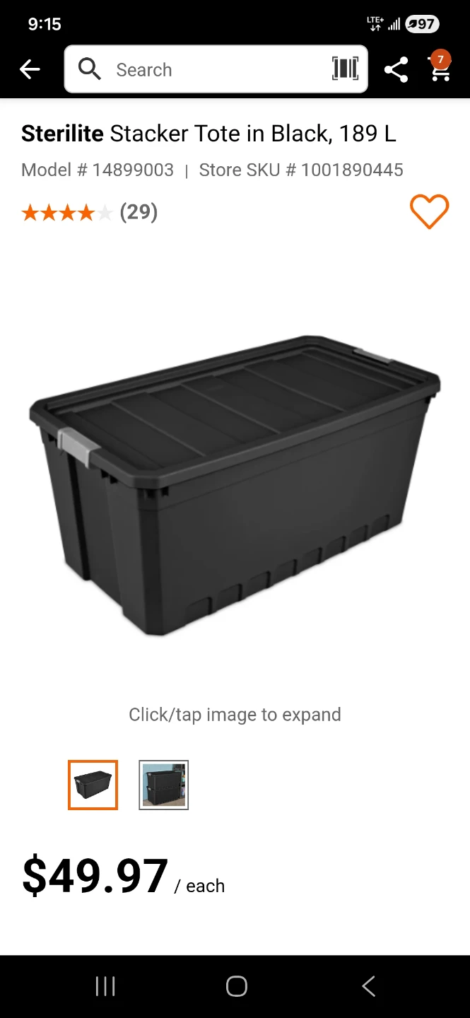 Sterilite Stacker Tote in Black, 189 L