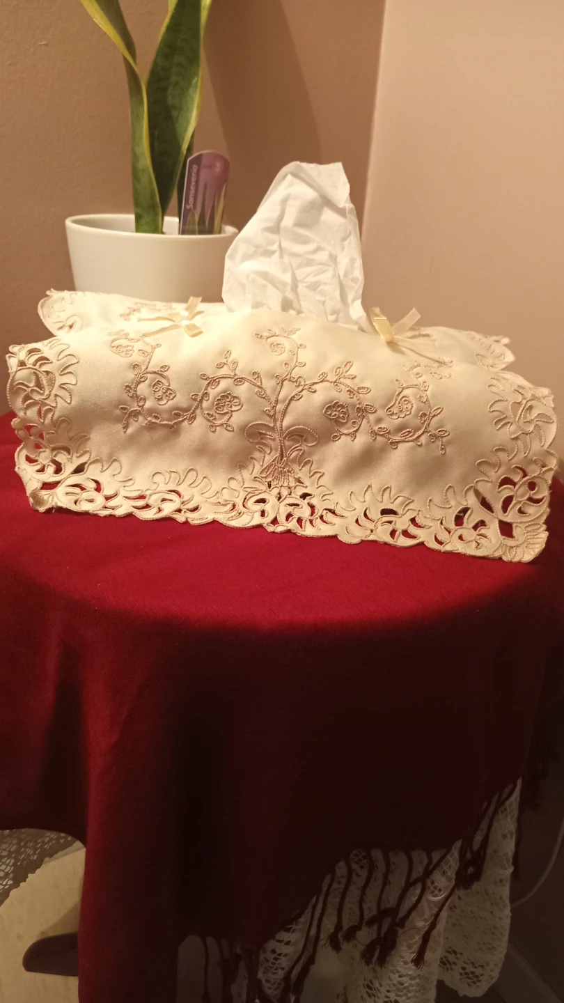 Embroidered Cream Tissue Box Cover with Bows - photo 4
