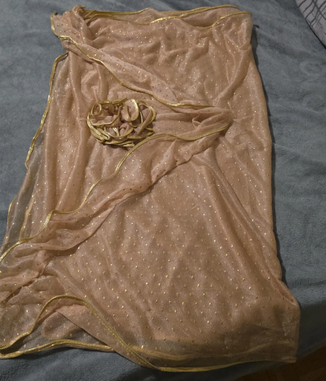 Sheer  golden Scarf with Gold Dots and Flower Detail