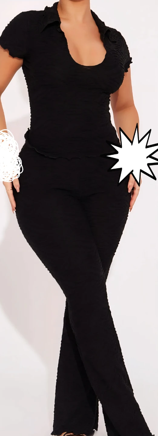 Black Textured Collared Shirt and Pants Set