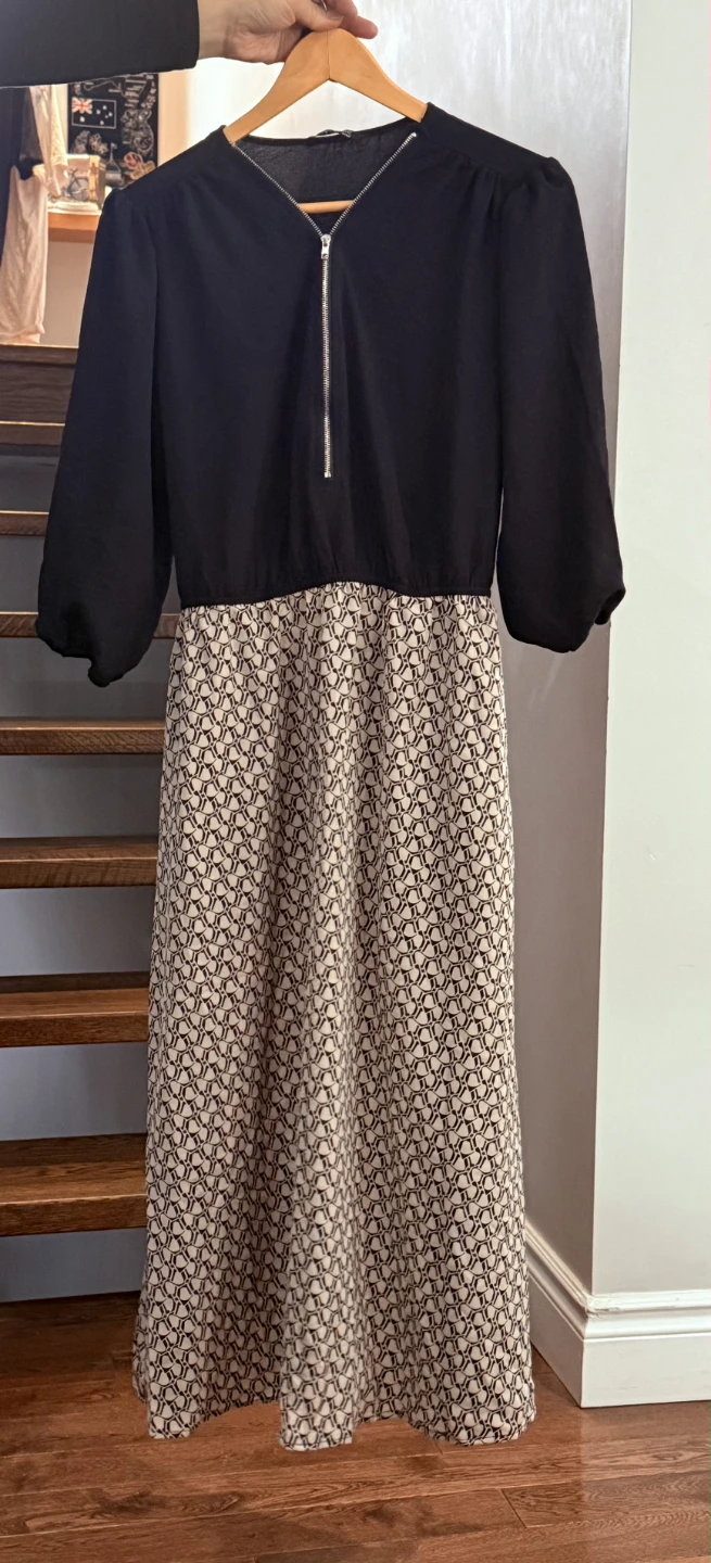 Black and Cream Geometric Midi Dress with Zipper, us12