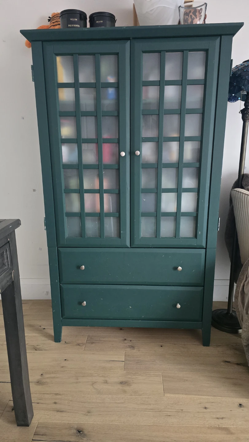 Teal Cabinet with Glass Doors and Drawers