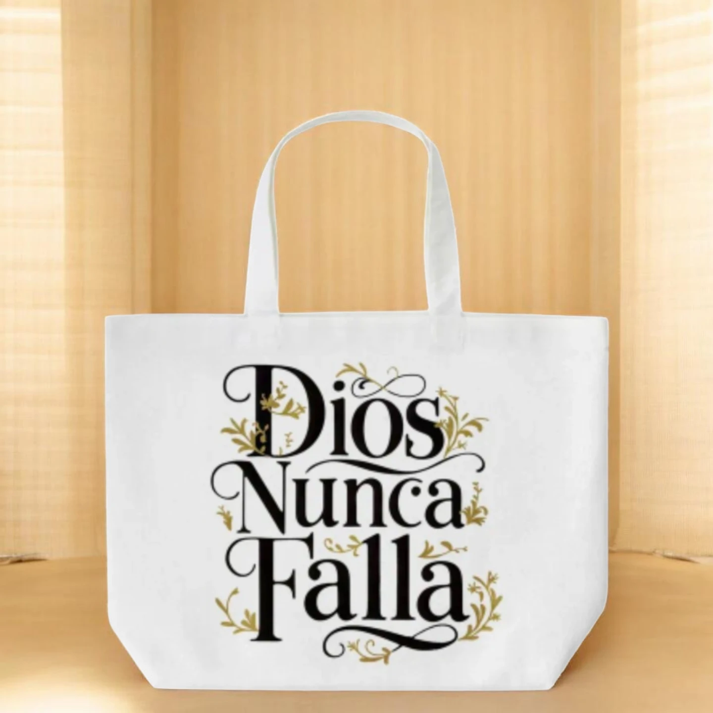 White Canvas Tote Bag with "Dios Nunca Falla"