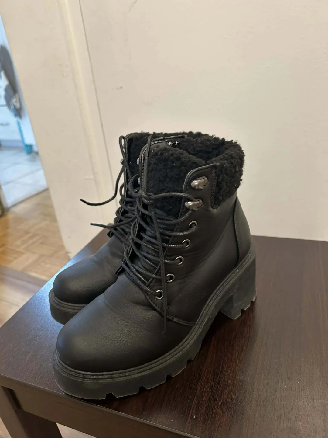 Ardene Black Lace-Up Combat Boots with Shearling Lining