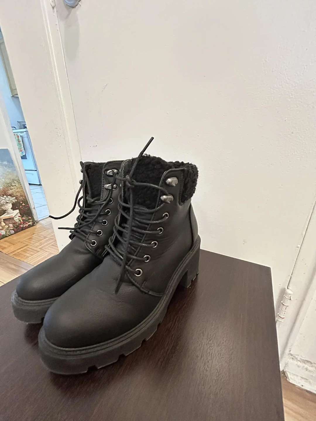 Ardene Black Lace-Up Combat Boots with Shearling Lining - photo 3