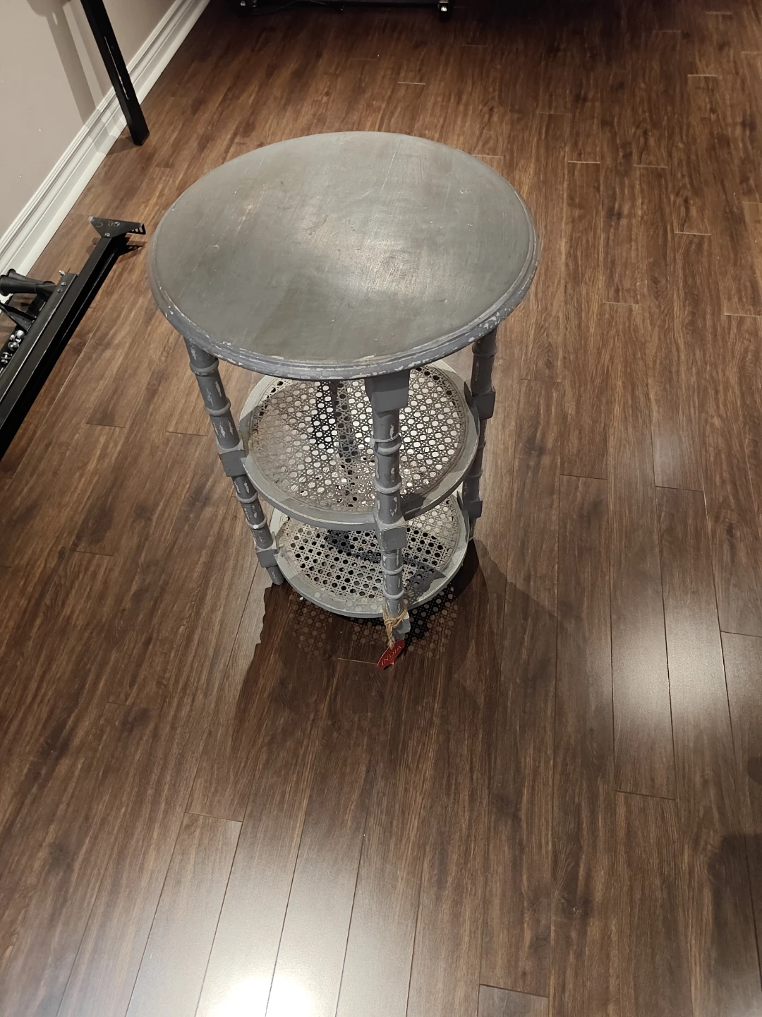 Grey 3-Tier Round Side Table with Cane Shelves