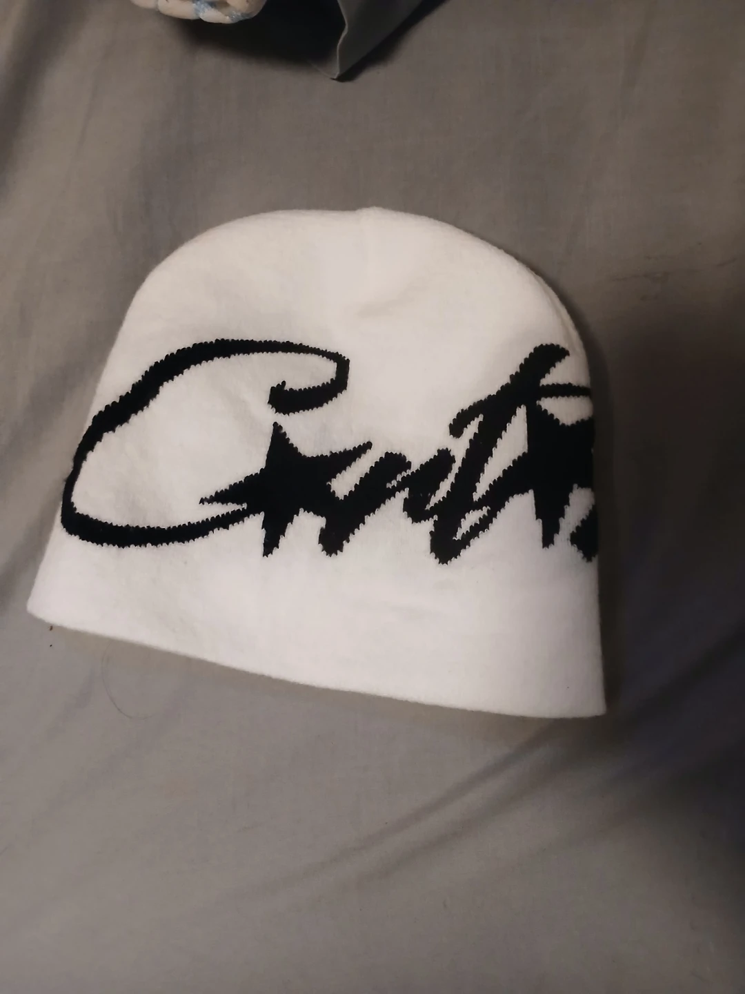 White Beanie with Black Graphic