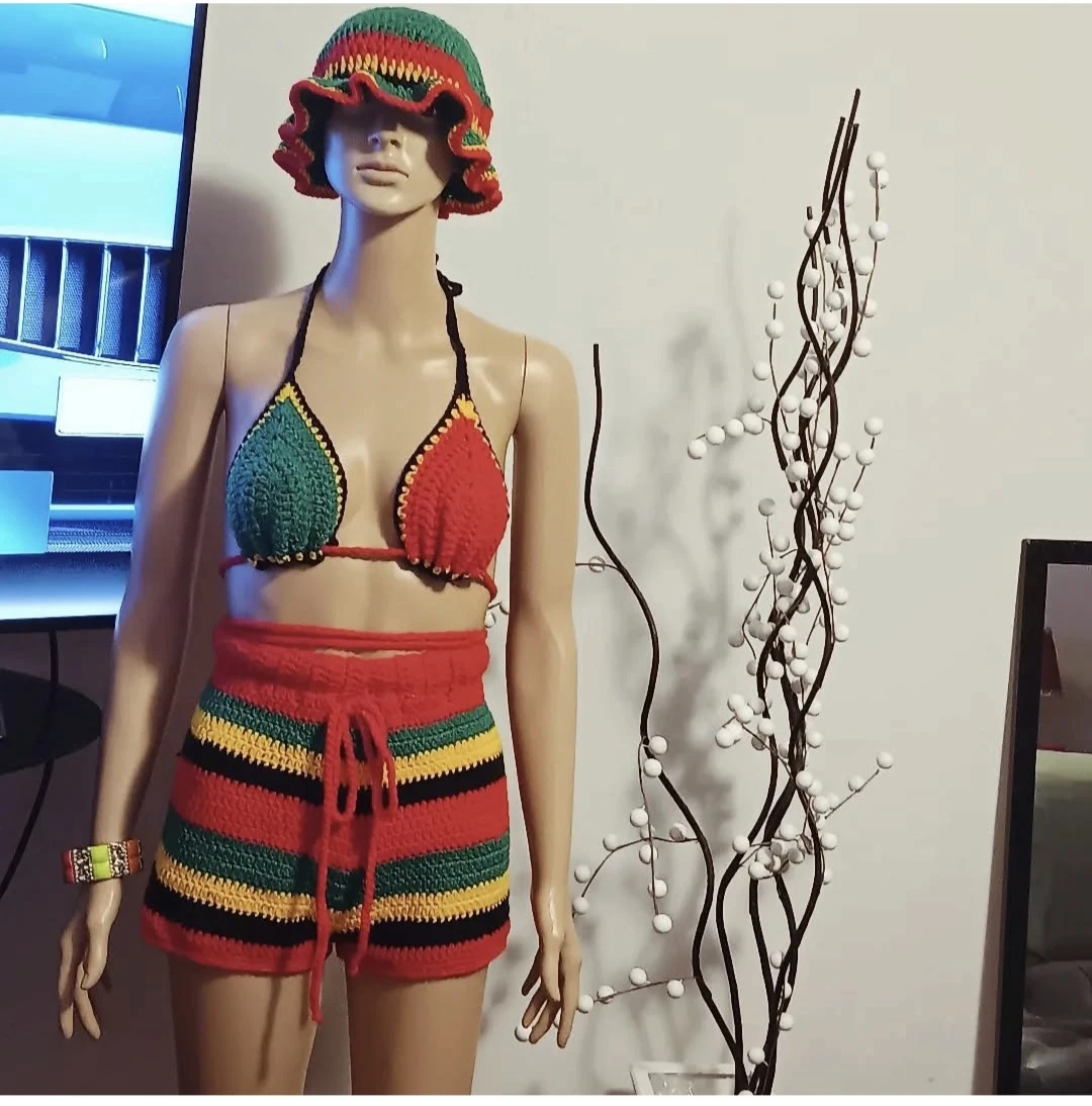 Crocheted Bikini and Shorts Set with Hat