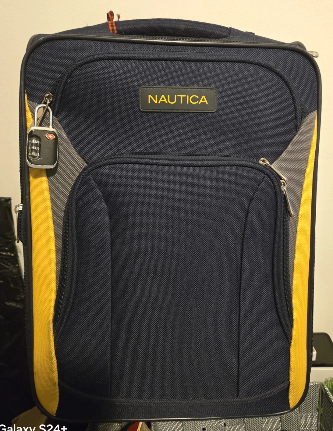 Nautica Navy Blue & Yellow Hardside Spinner  Carry on Suitcase