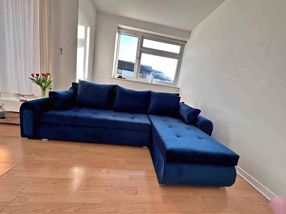 Blue Velvet L-Shaped Sofa Bed with Storage - photo 4