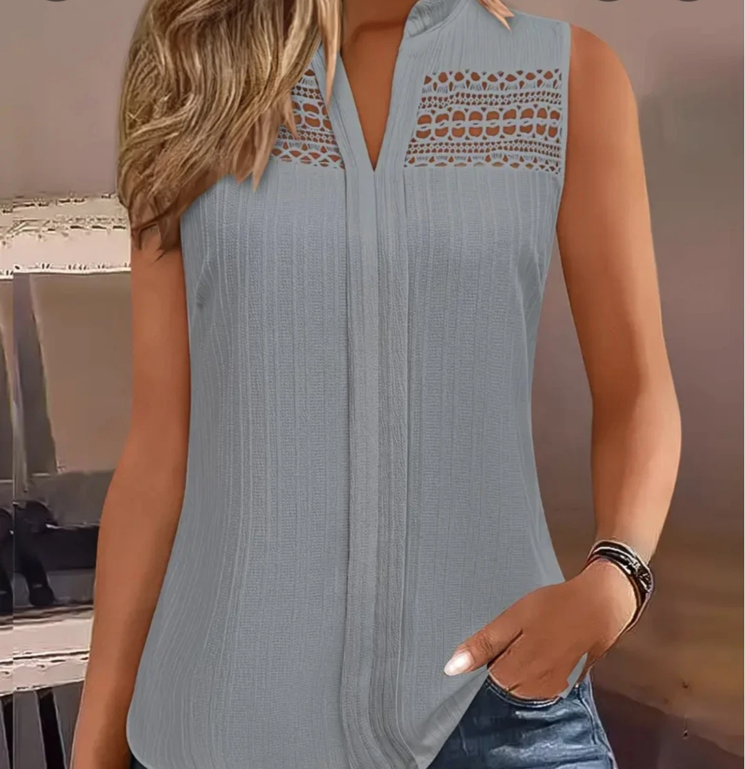 Sleeveless V-Neck Blouse with Lace Detail
