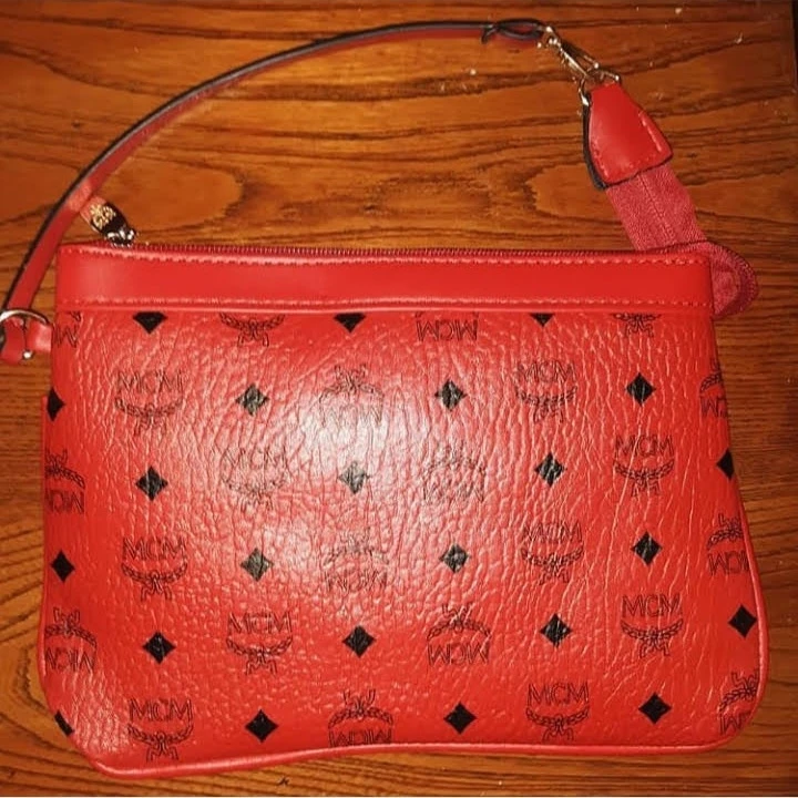 Red MCM Monogram Pouch Wristlet