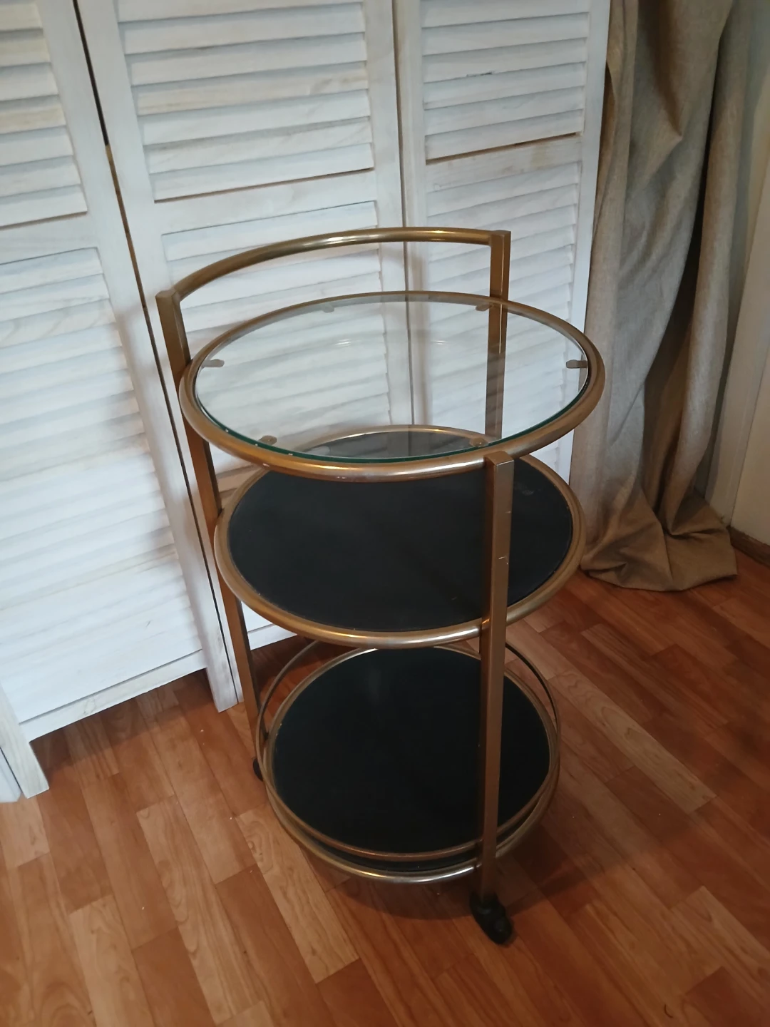 Gold 3-Tier Bar Cart with Glass and Black Shelves