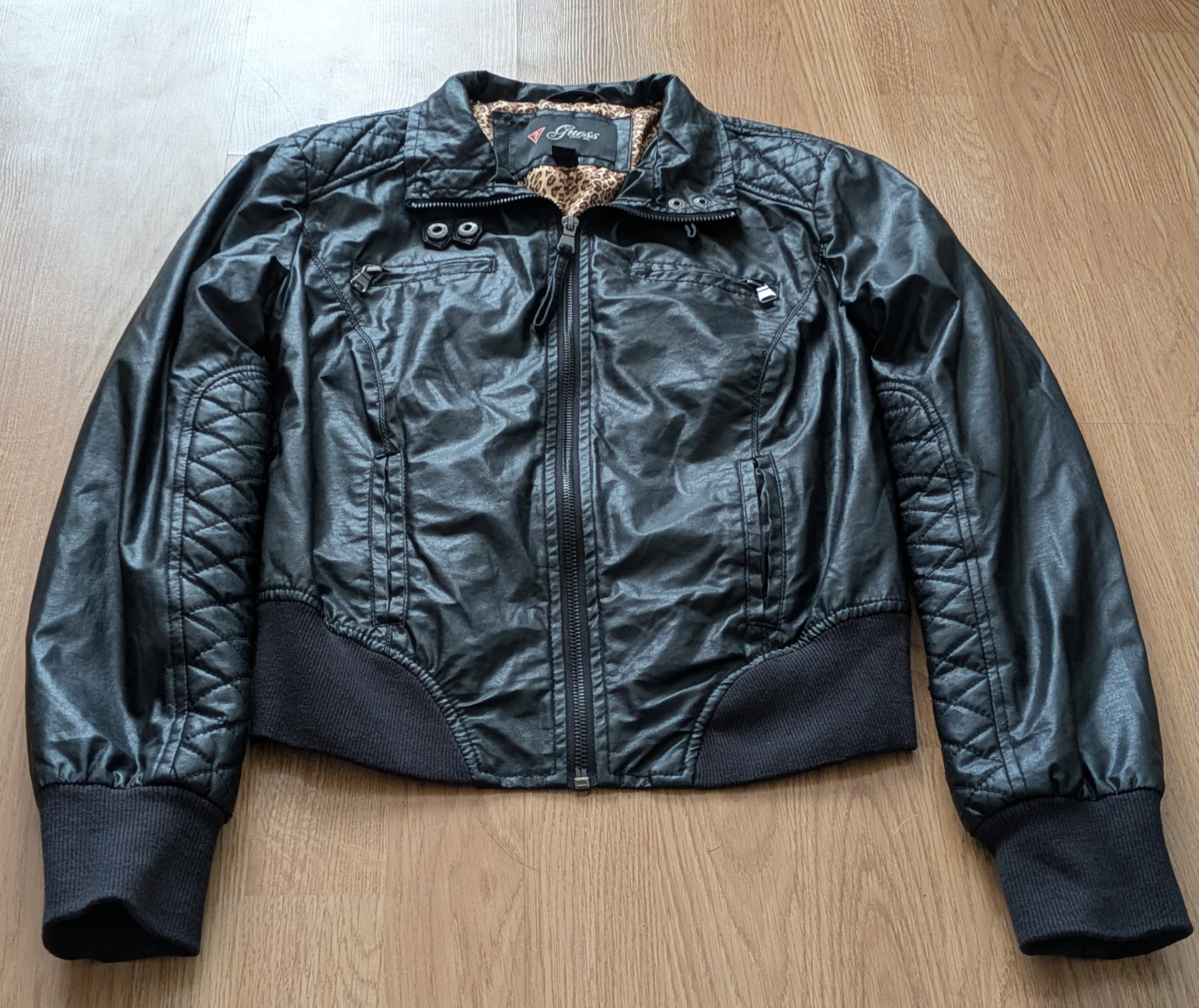 Guess Faux Leather Jacket – Quilted Sleeves, Leopard Lining