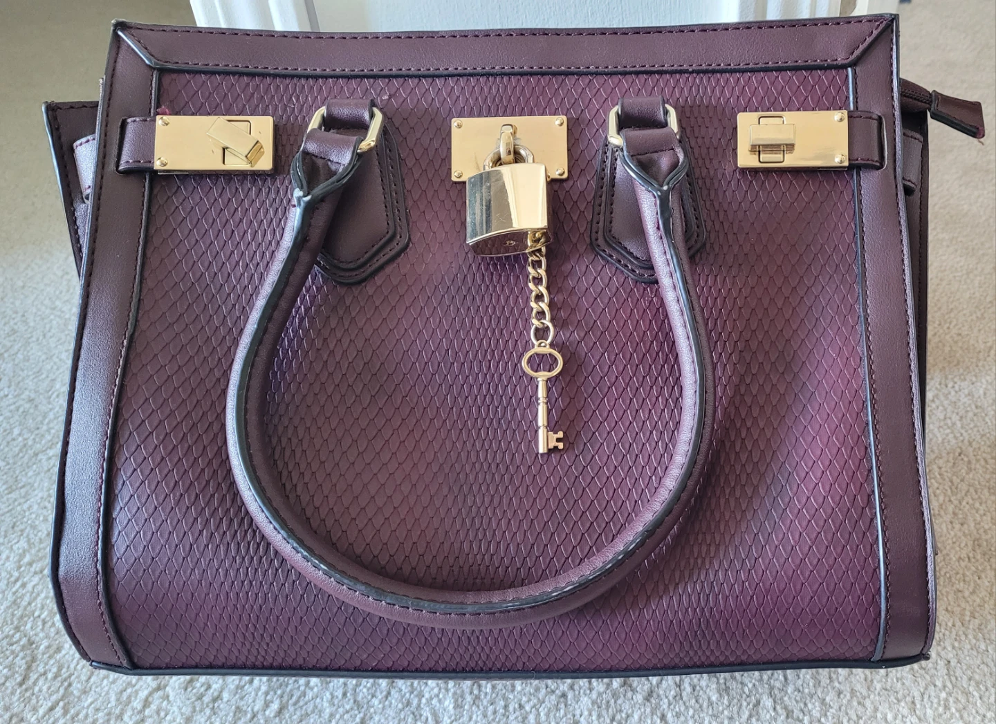 Aldo Plum Textured Tote Bag with Lock Charm