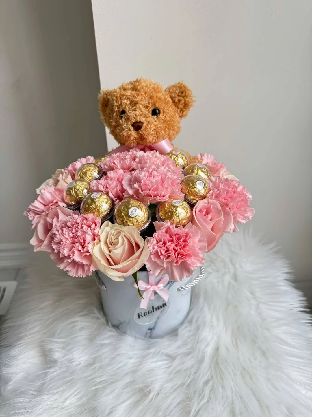 Teddy Bear and Ferrero Rocher Flower Arrangement