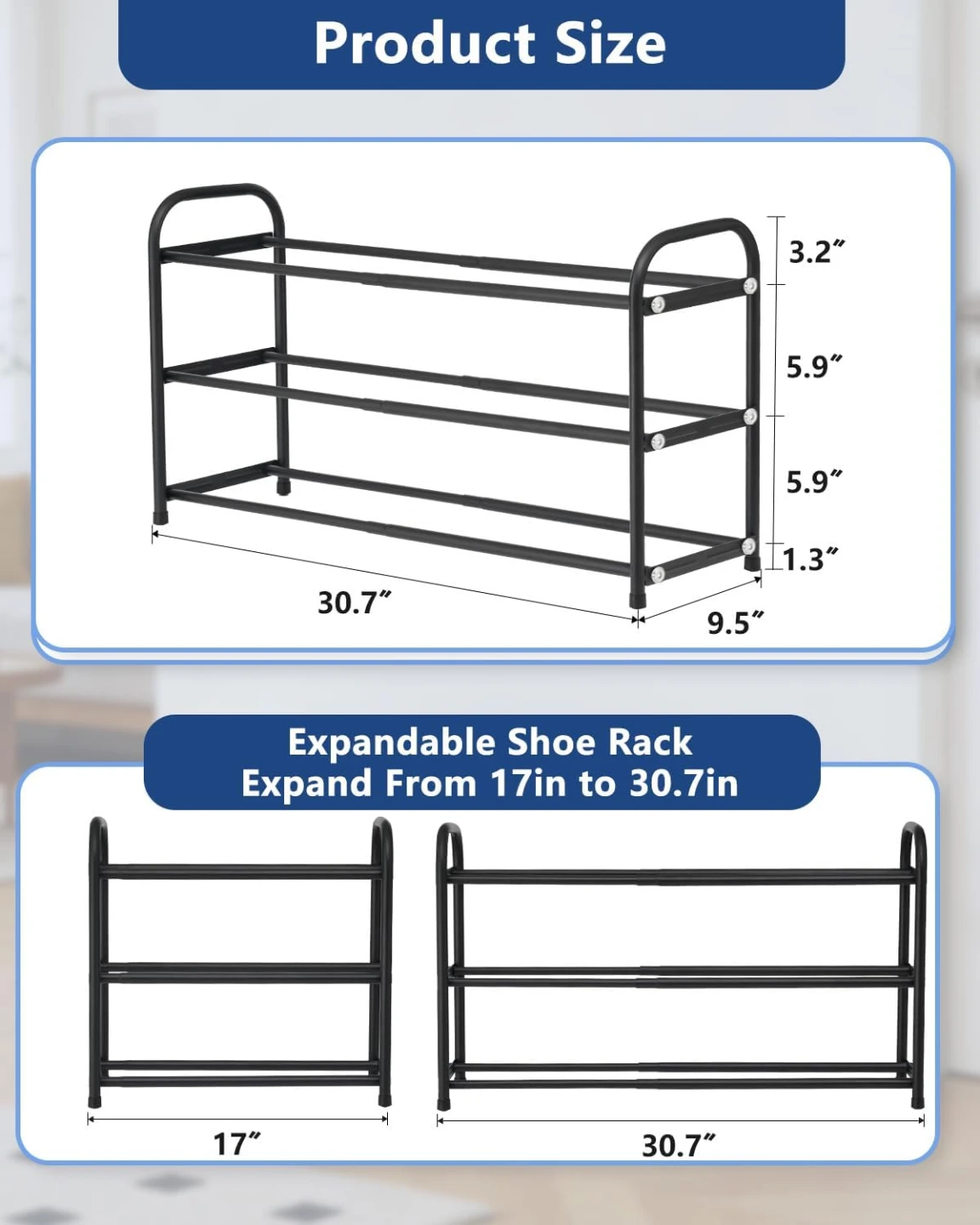 ASULUPHY Black Expandable Shoe Rack, 3 Tier Metal, - photo 2
