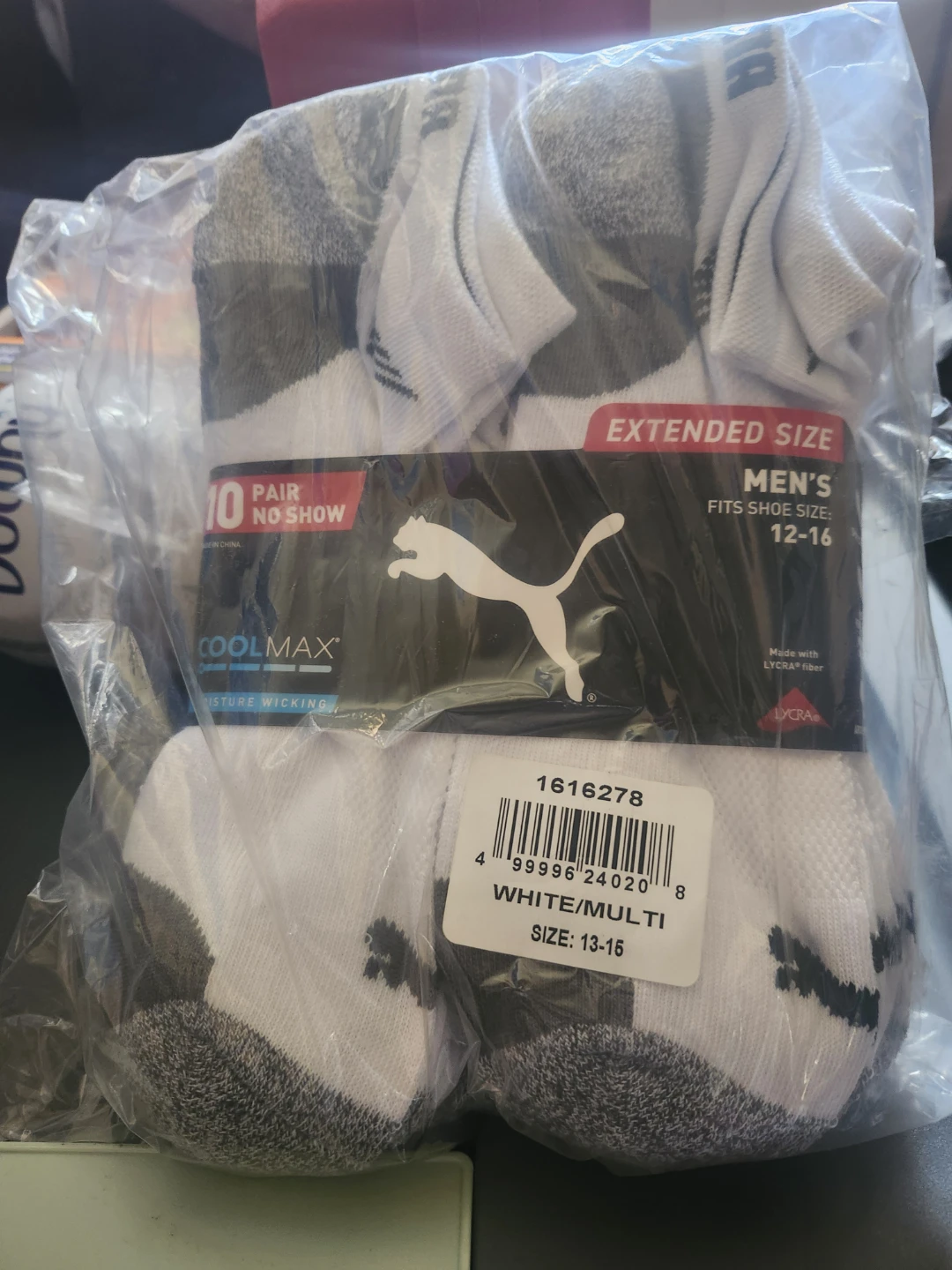 Puma Men's 10 Pair No Show Socks White/Multi Size 13-15