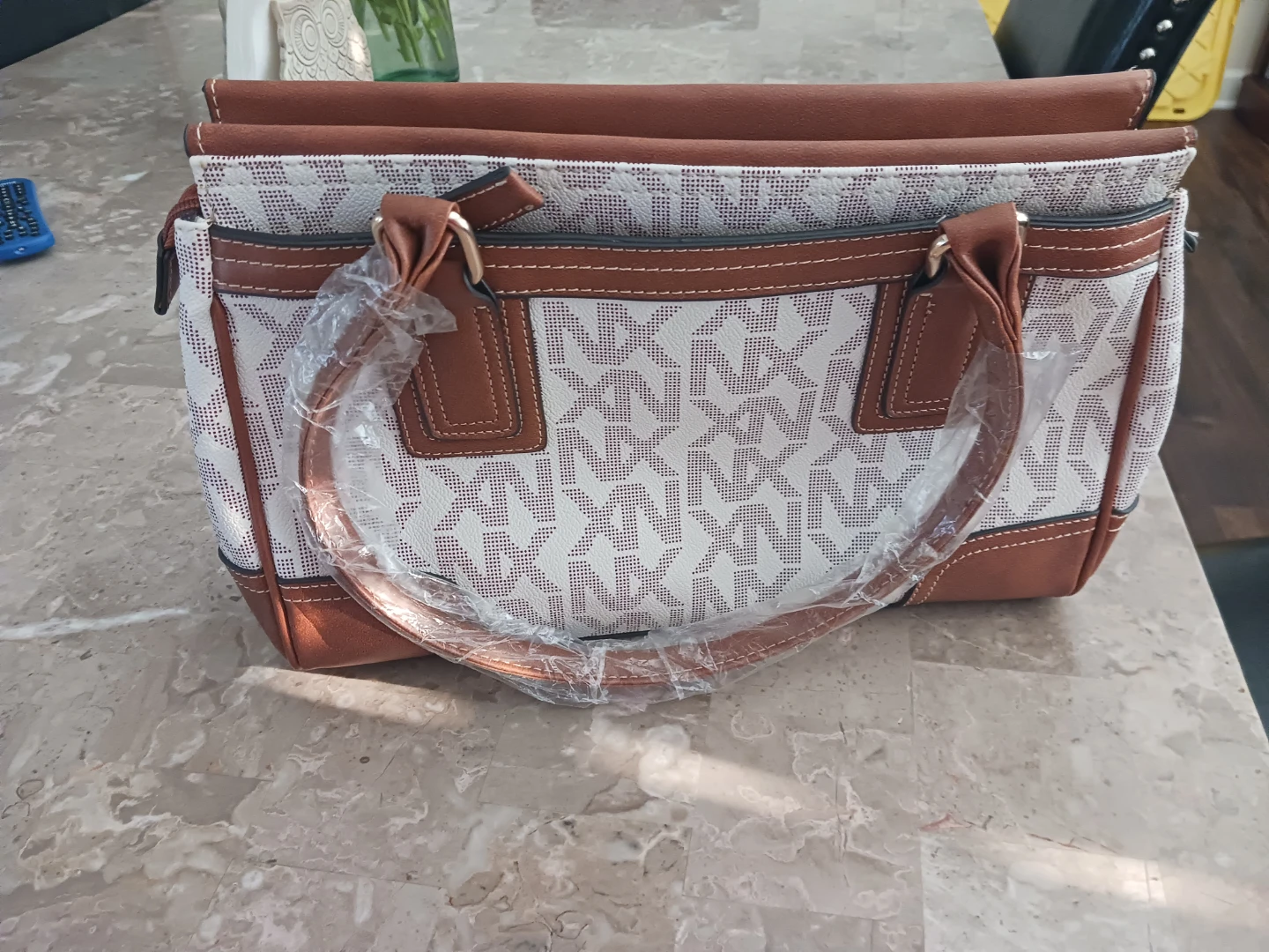 Women's Satchel Handbag - Brown and White Monogram