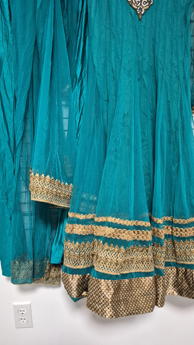 Teal Embroidered Anarkali Suit with Pants and Dupatta - photo 3