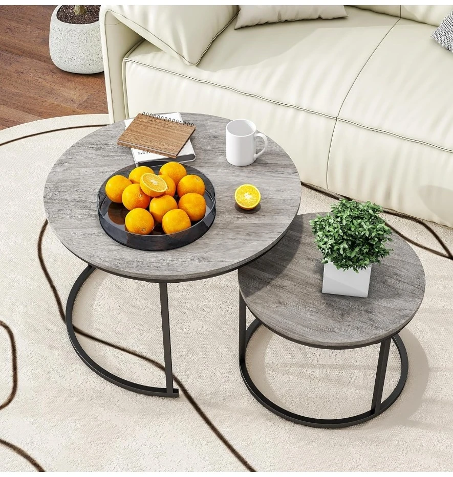 Set of 2 Round Nesting Coffee Tables - Grey Wood Look