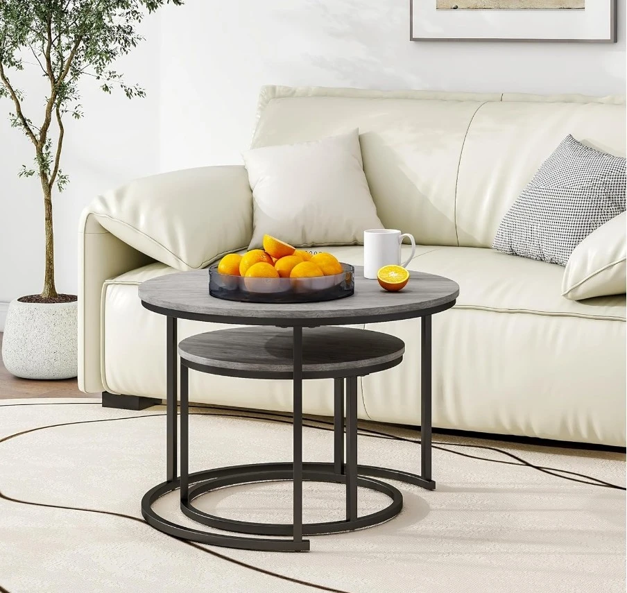 Set of 2 Round Nesting Coffee Tables - Grey Wood Look - photo 2