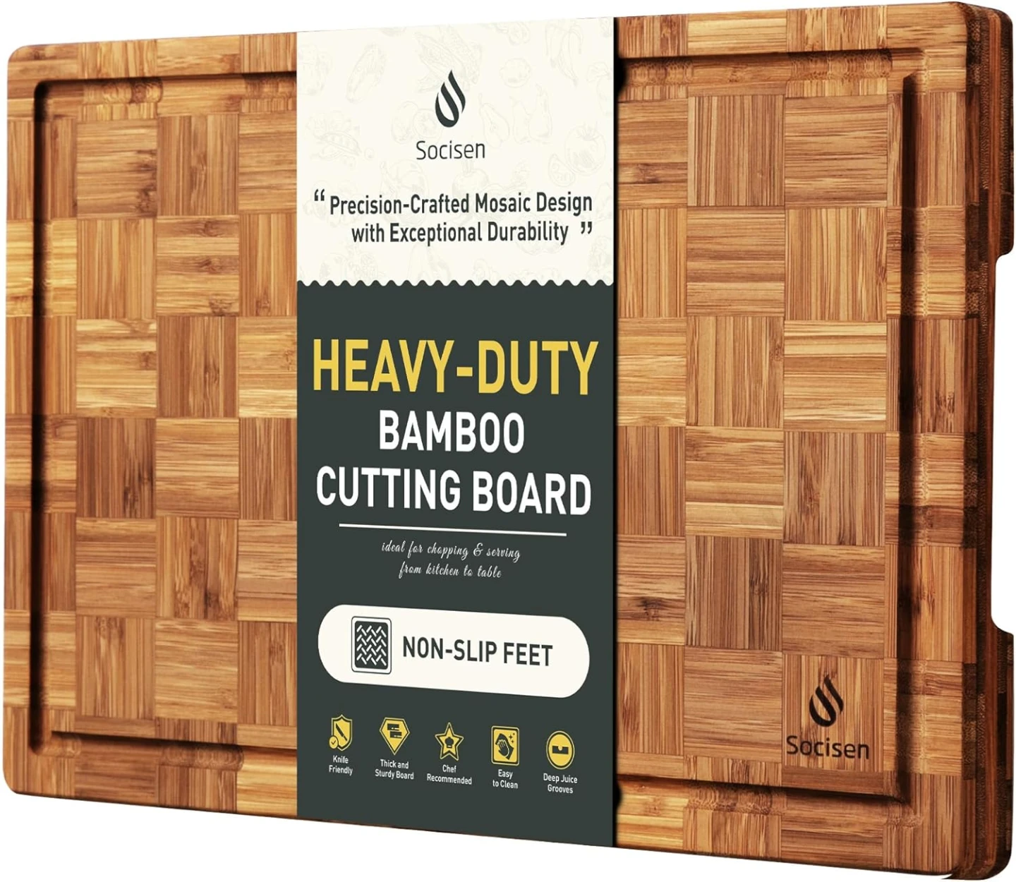 Heavy-Duty Bamboo Cutting Board with non slip and juice grooves