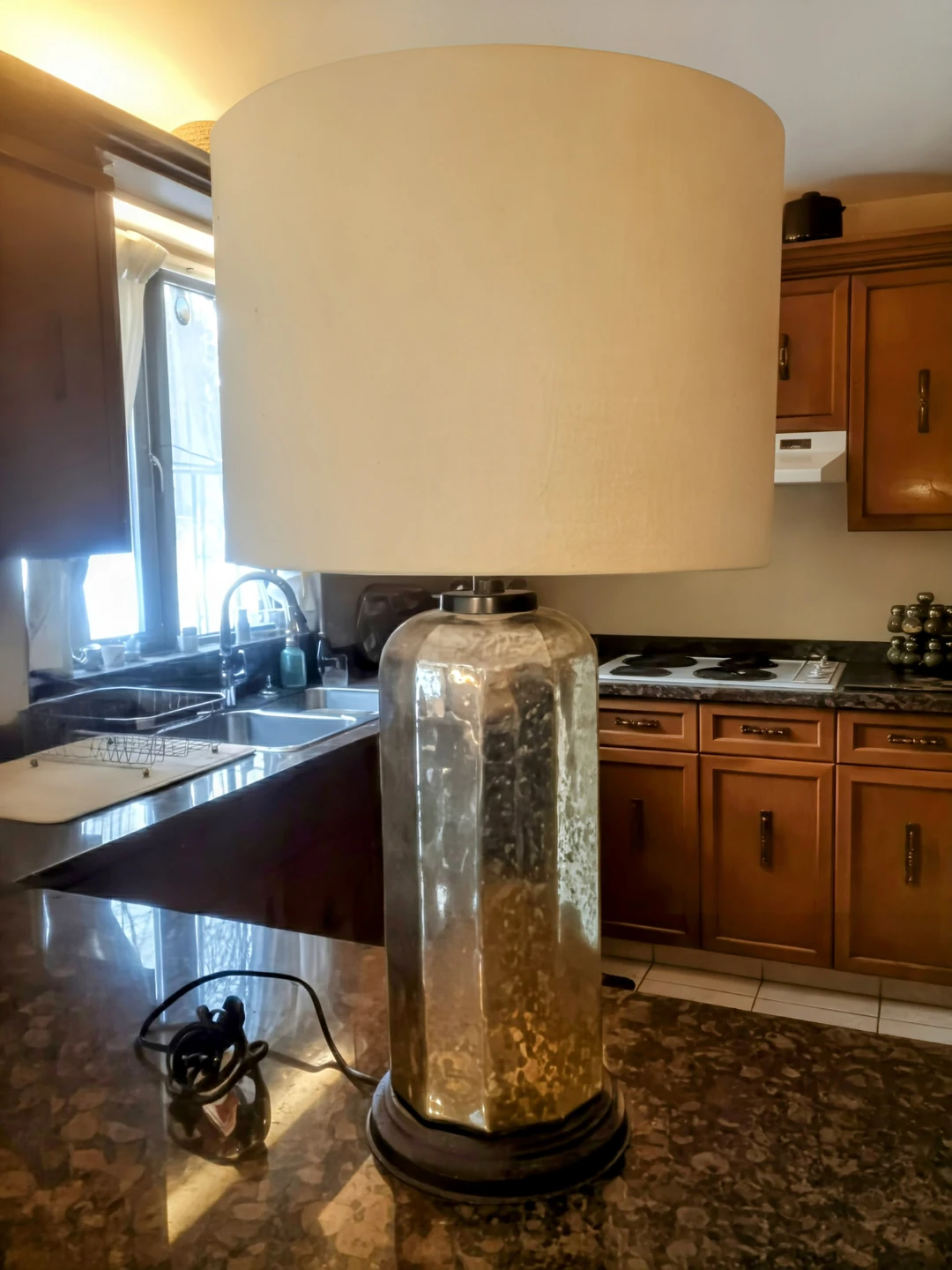 Metallic Hexagonal Table Lamp with Cream Shade