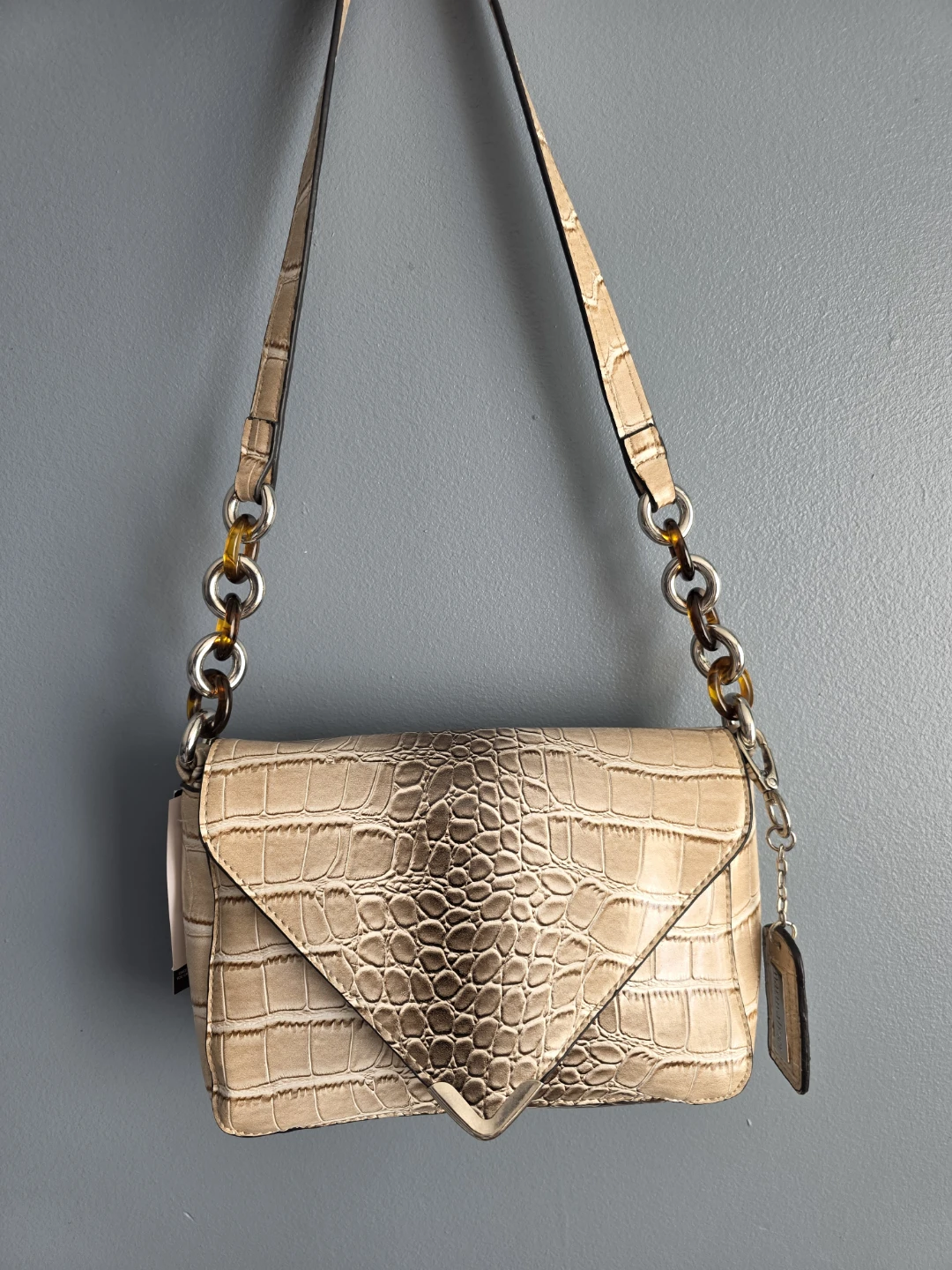 Beige Crocodile Embossed Shoulder Bag