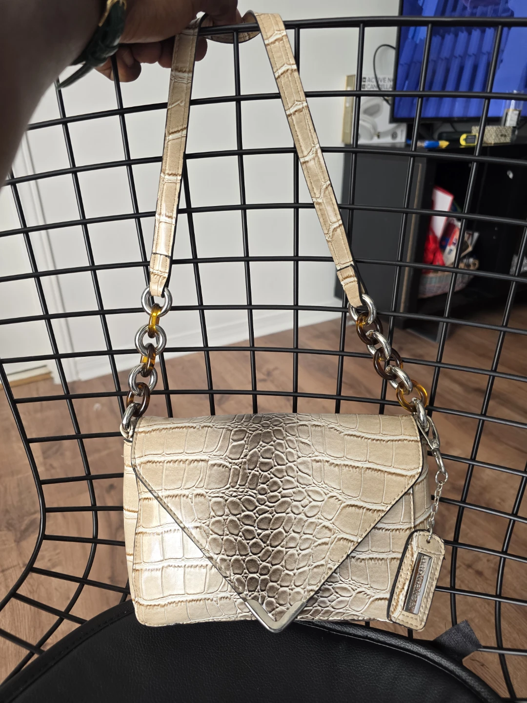 Beige Crocodile Embossed Shoulder Bag - photo 2