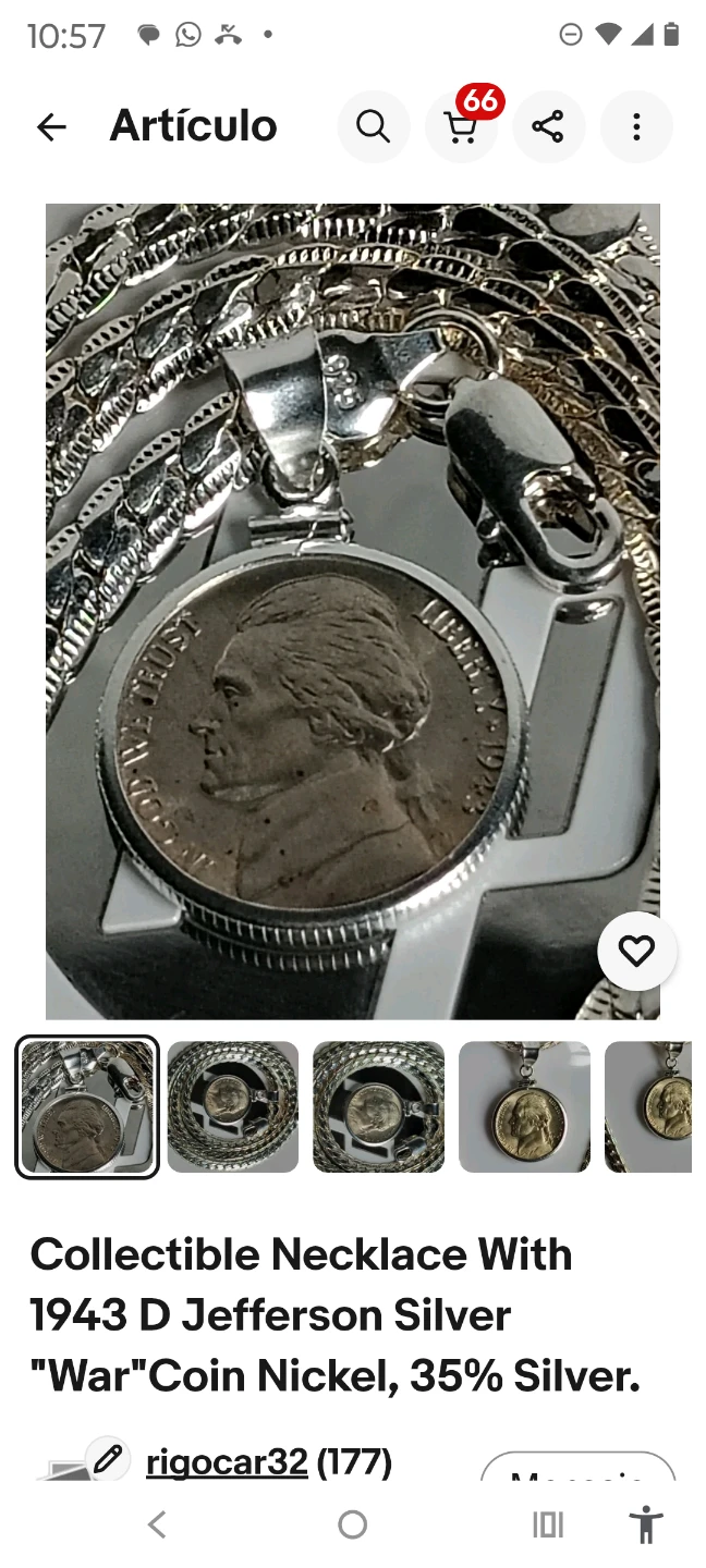 1943 D Jefferson Nickel Pendant Necklace - 35% Silver - photo 2