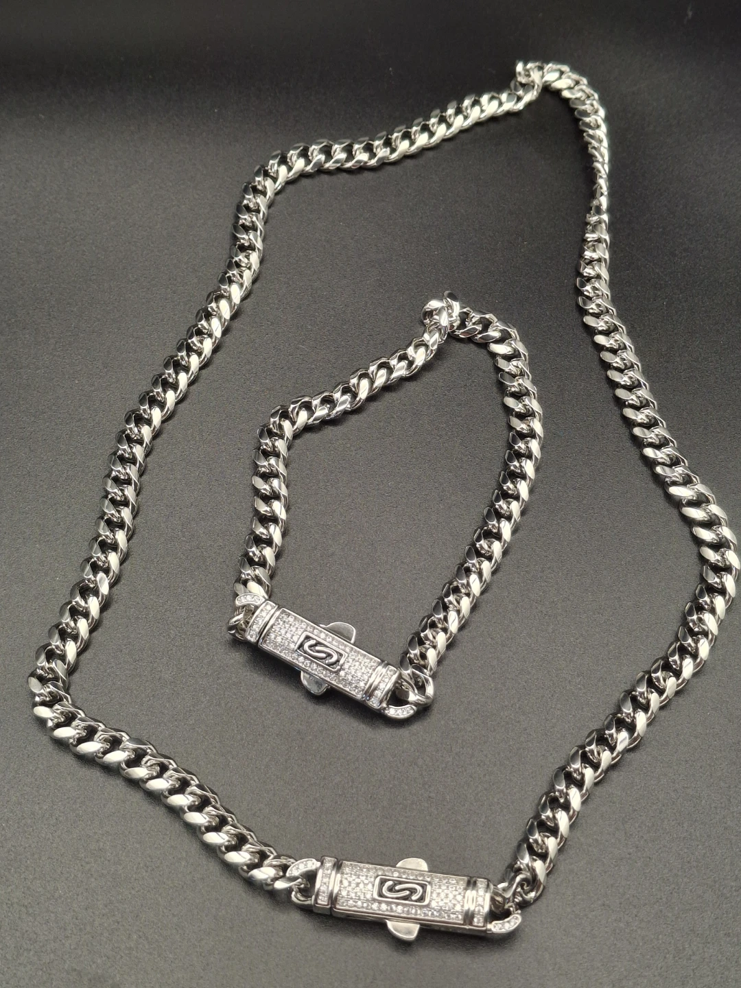 Silver Chain Necklace and Bracelet Set with CZ Clasp