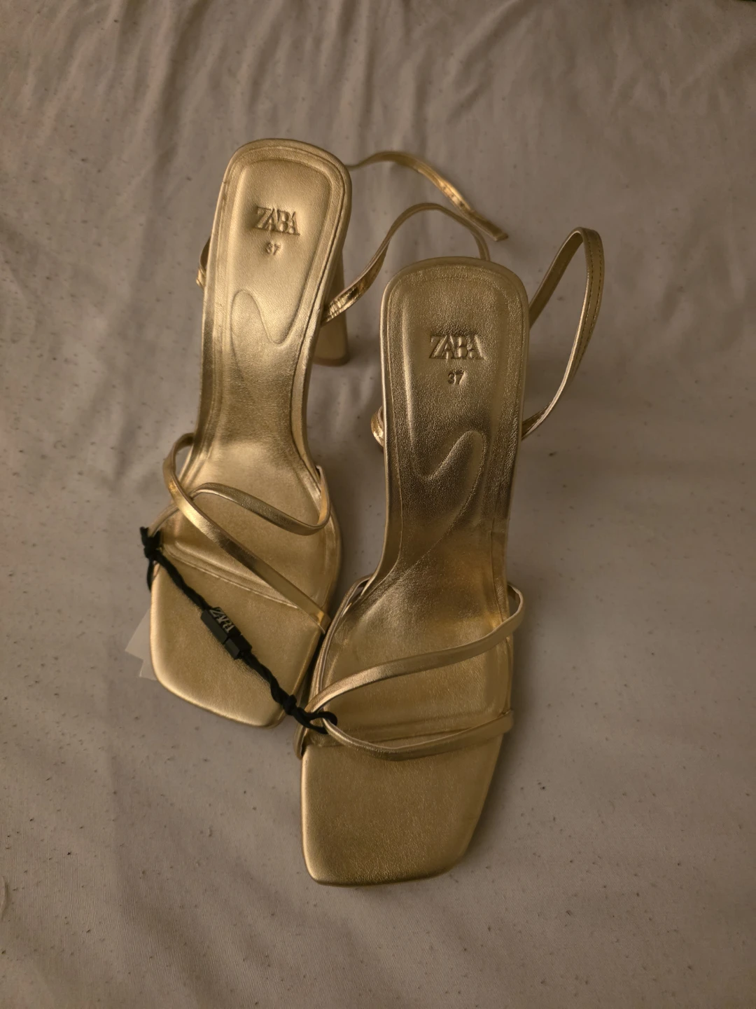 ZARA Gold Strappy Block Heel Sandals Size 37