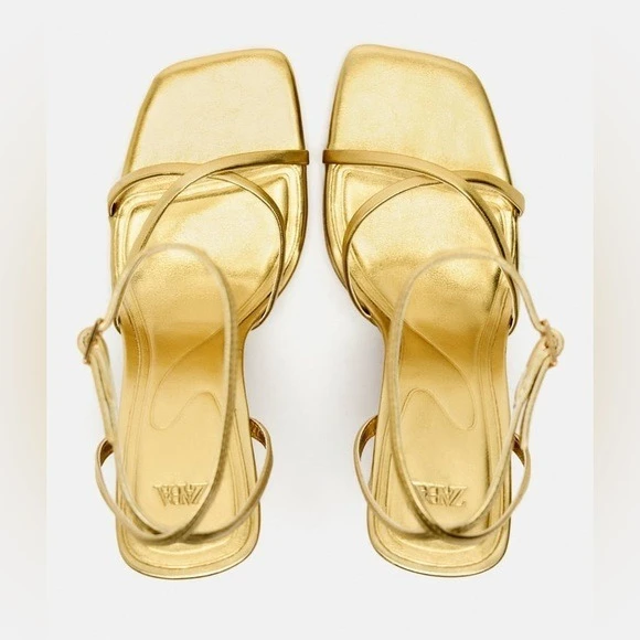 ZARA Gold Strappy Block Heel Sandals Size 37 - photo 3