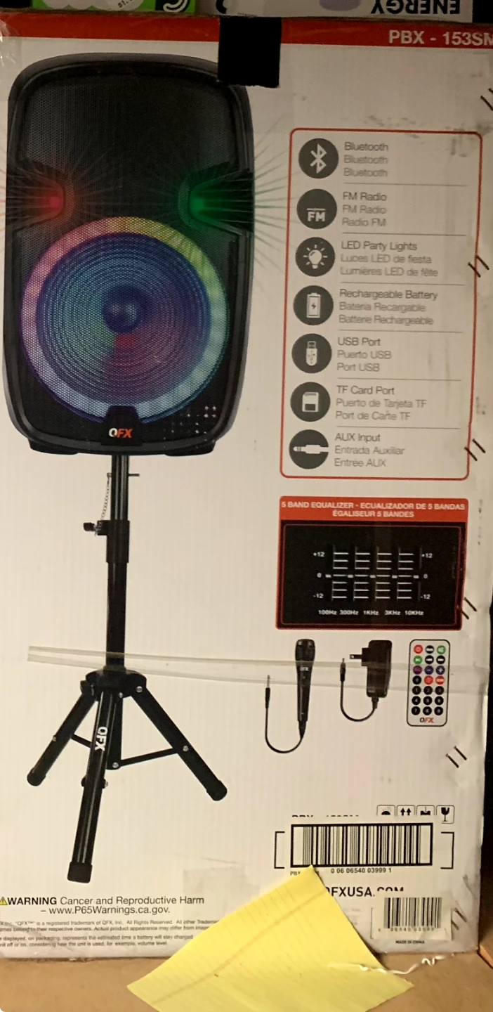 QFX PBX-153SM Portable Bluetooth Speaker with LED Lights & Stand