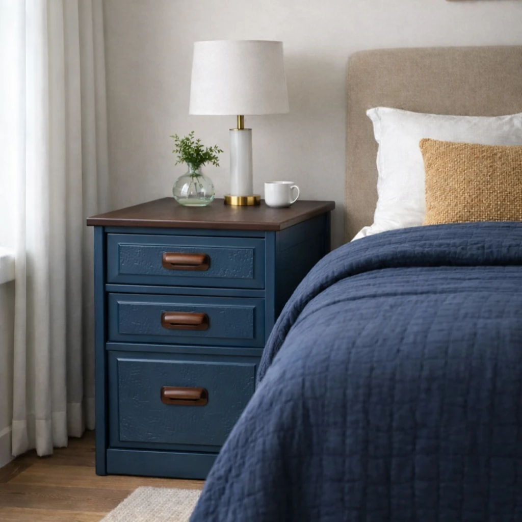 Blue 3-Drawer Nightstand with Wood Top
