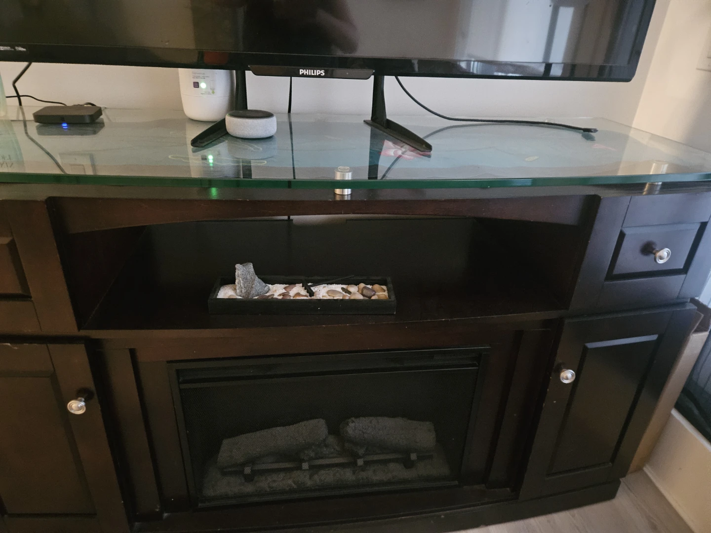 Dark Wood TV Stand with Glass Top and Electric Fireplace - photo 2