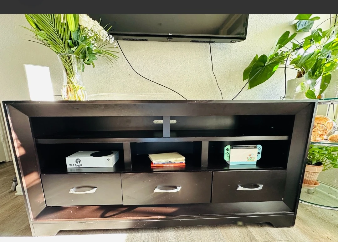 Dark Brown TV Stand with Storage Shelves and Drawers