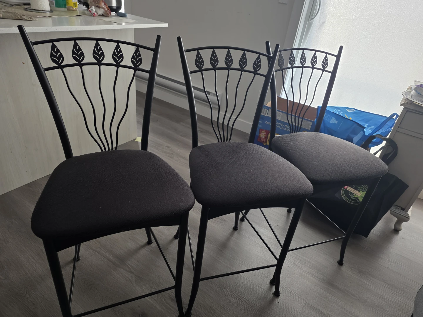 Set of 3 Black Metal Bar Stools with Leaf Design