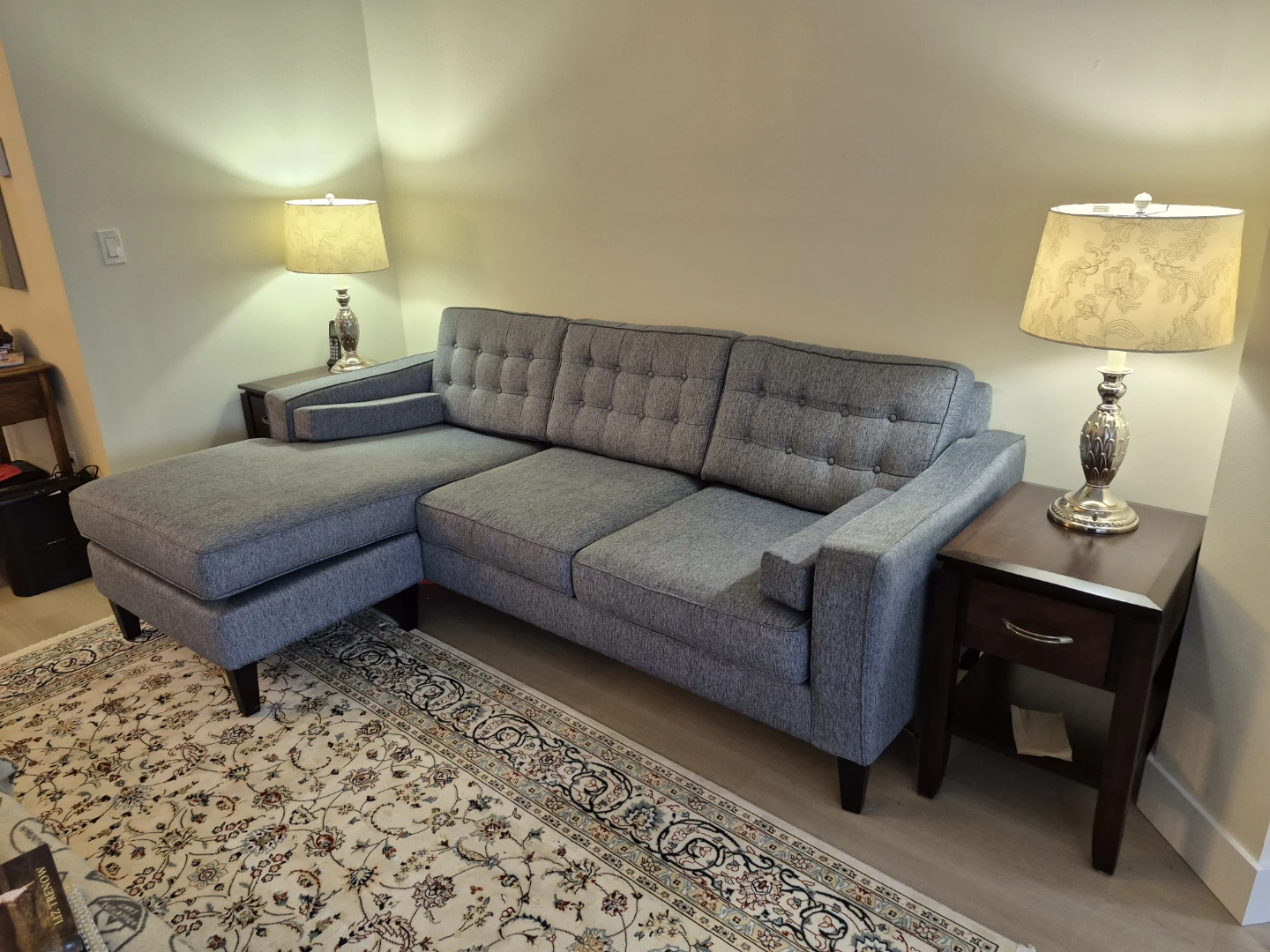 Grey Sectional Sofa with Tufted Cushions