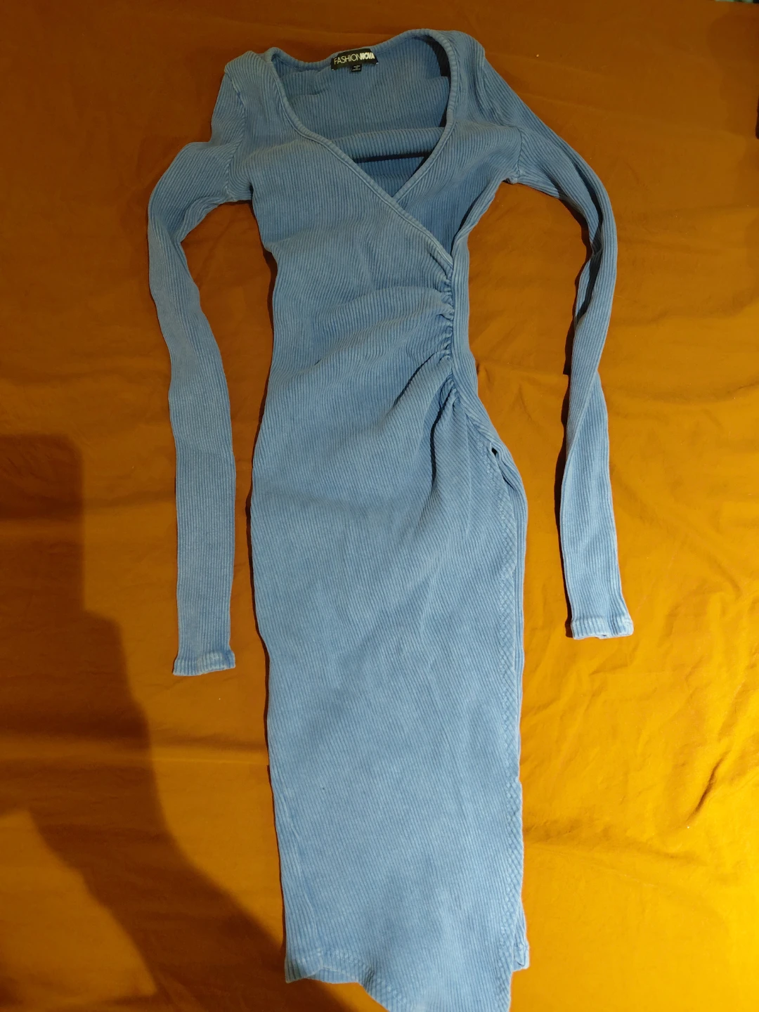 Blue Ribbed Long Sleeve Wrap Dress - photo 2