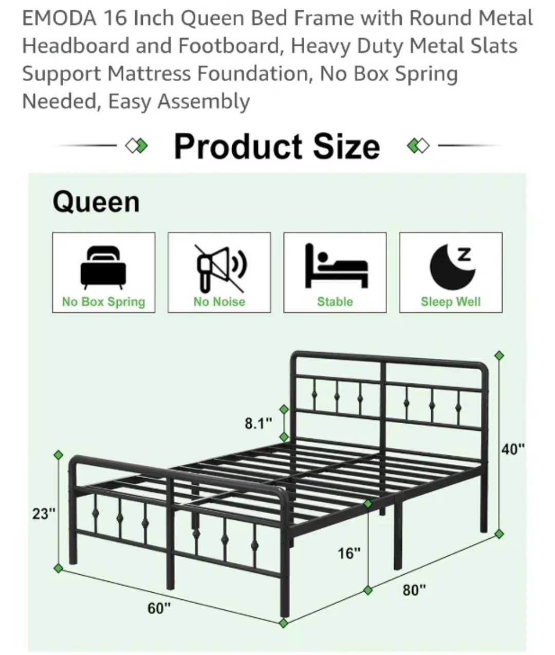 EMODA Queen Bed Frame 16 Inch Height Metal Black - photo 2