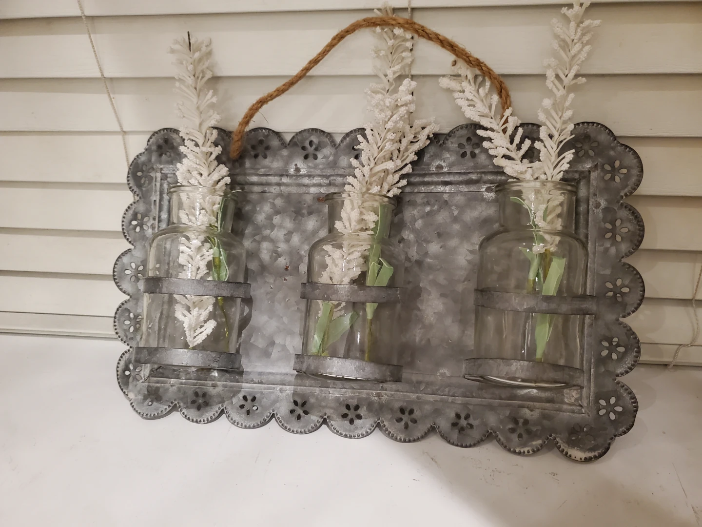 Galvanized Metal Wall Decor with 3 Glass Vases