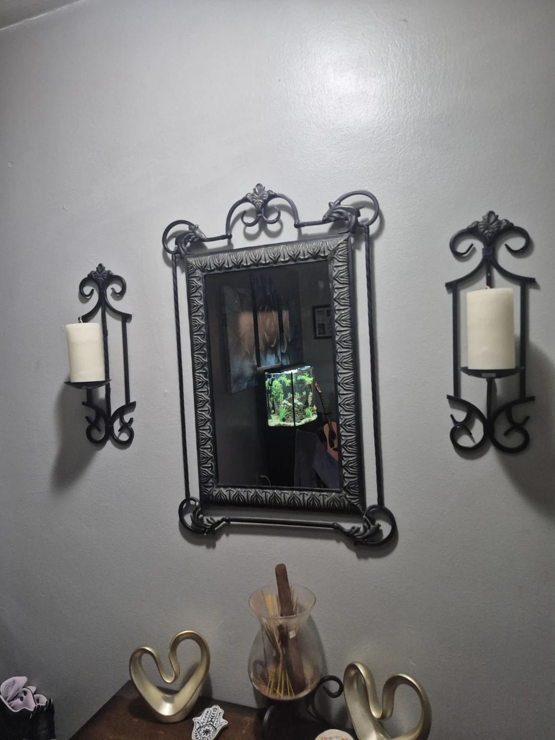 Ornate Scrollwork Wall Mirror with Matching Sconces