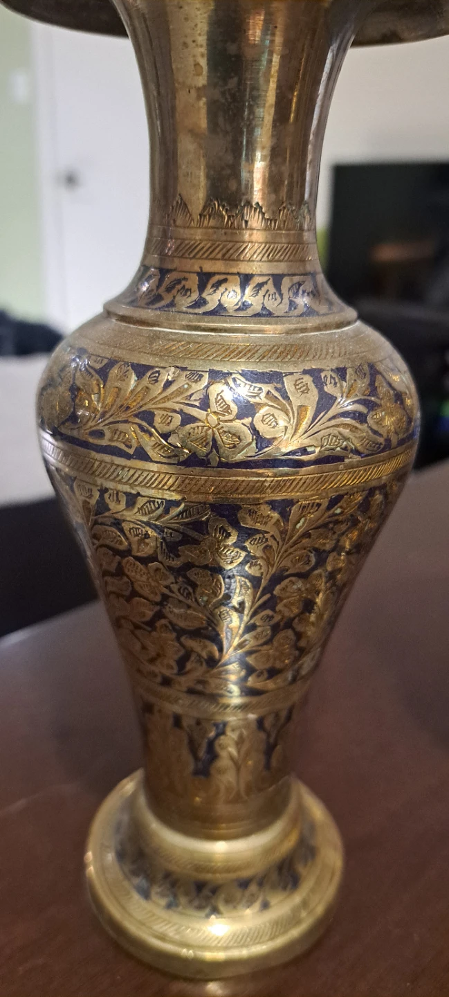 Vintage Brass Vase with Blue Enamel Floral Design - photo 2