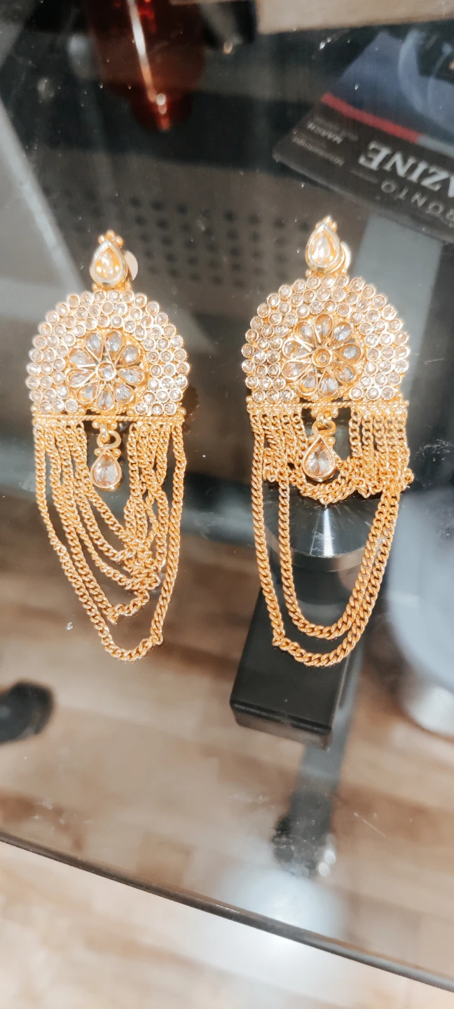Artificial Golden Dangle Earrings with Clear Stones