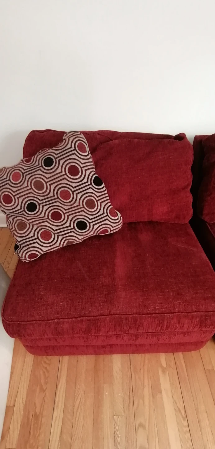 Red Fabric Accent Chair with Patterned Pillow